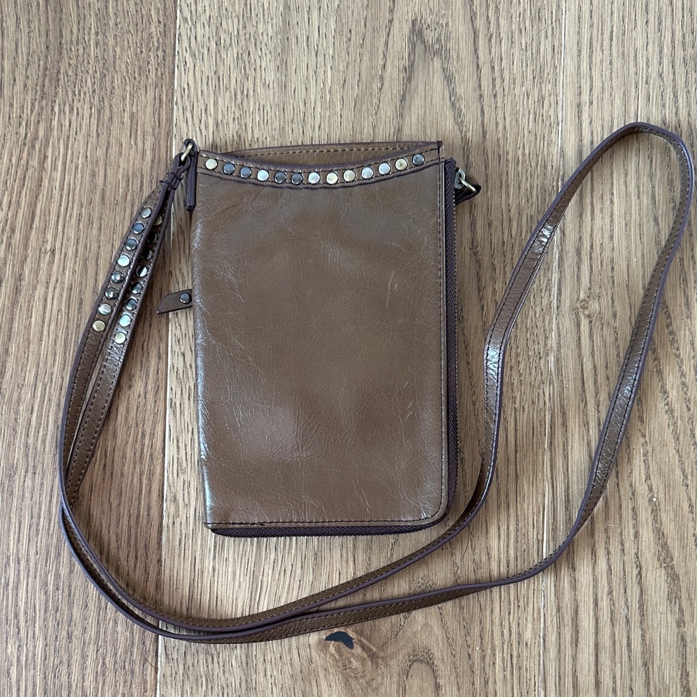 Hobo Brown Leather Crossbody Bag with Stud Accents